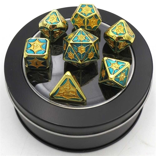 Golden Luxury with light Blue - Metal RPG Dice - Epic Dwarf Dice